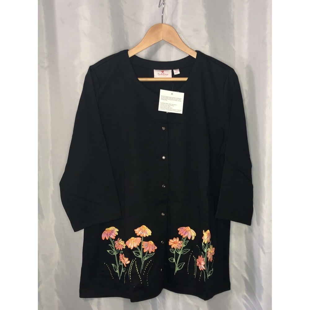 QUACKER FACTORY Madras Plaid Applique Black Snap Front Cardigan  Sz L